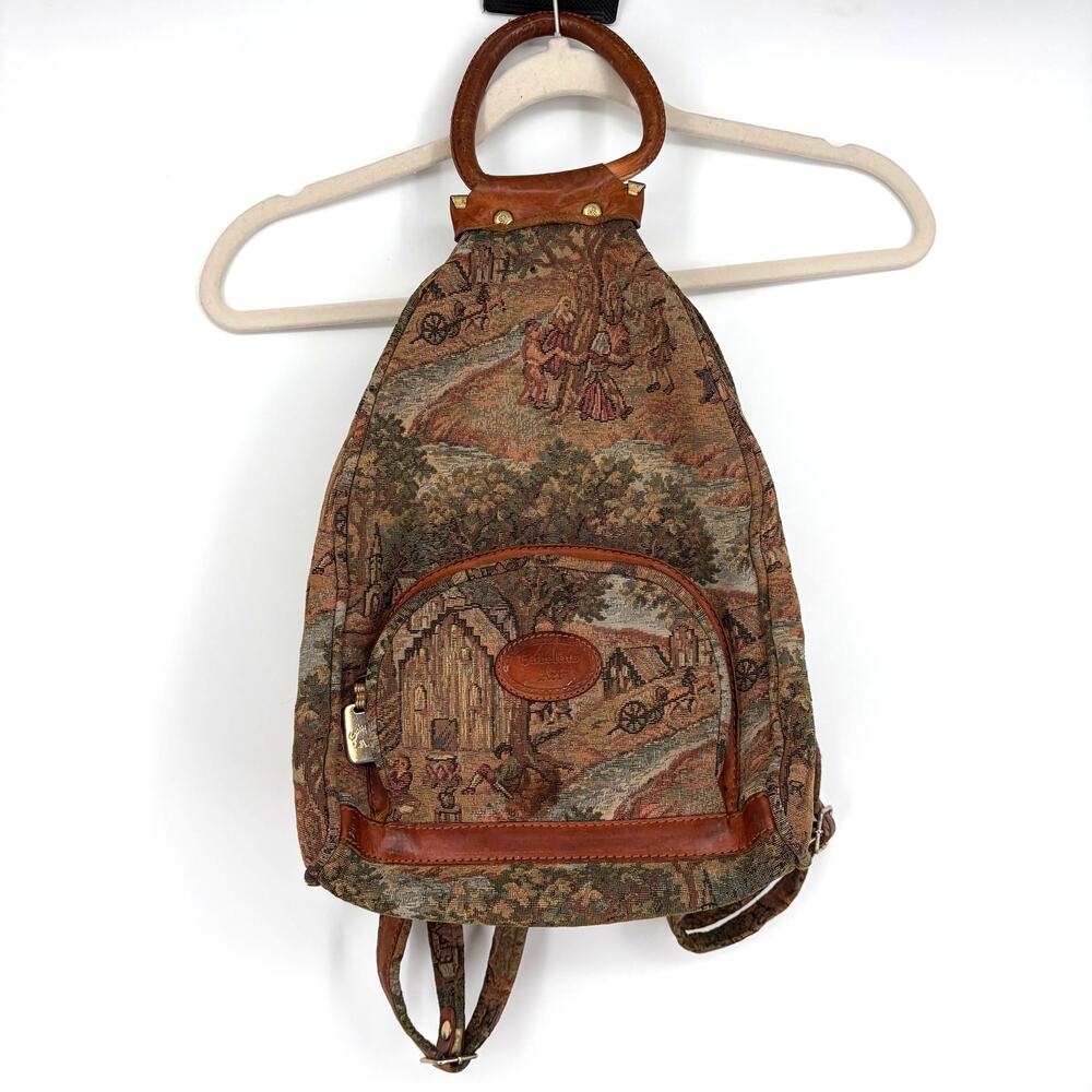 Gobelins Art Vintage Tapestry and Leather Mini Backpack with Ring Handle